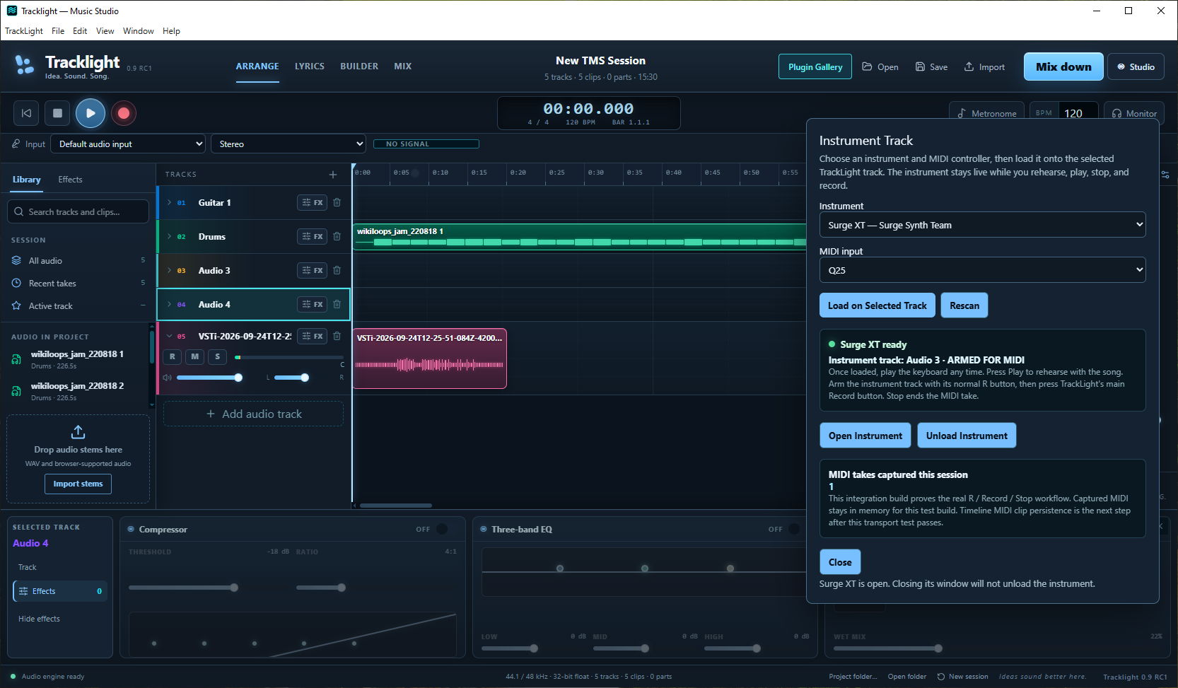 TrackLight Arrange view with VST instrument track