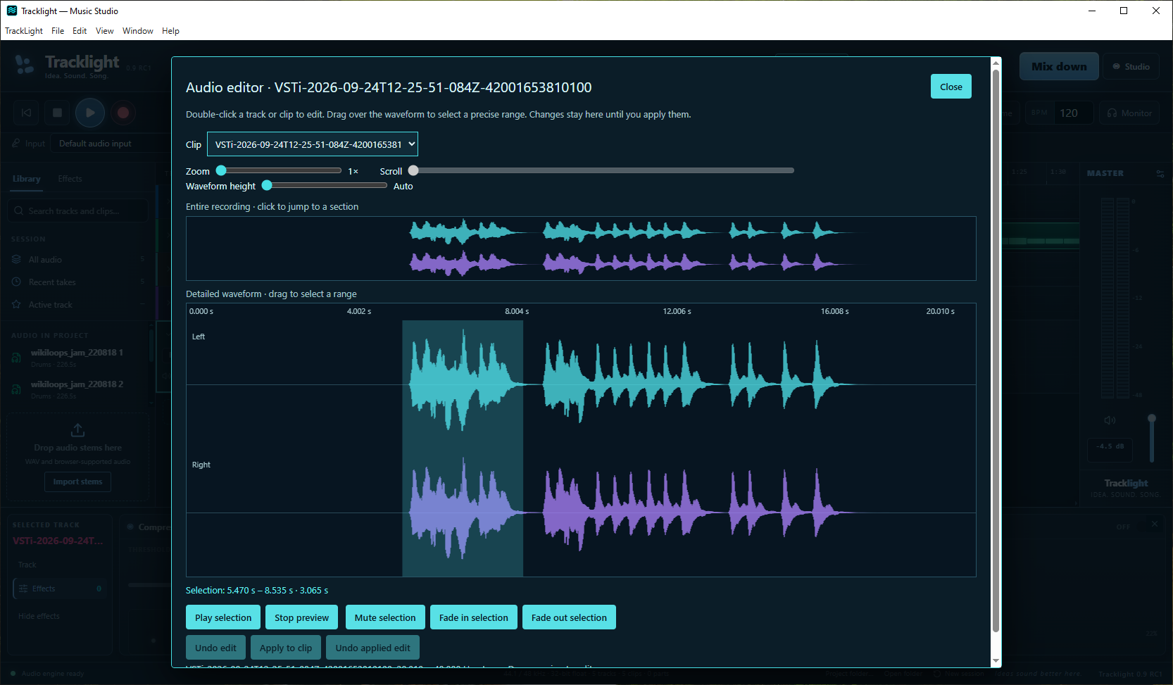 TrackLight waveform audio editor